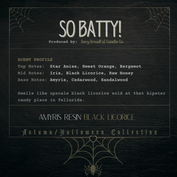 So Batty! Crackling Wooden Wick Candle: Amyris Resin Black Licorice Scent - Picture 2 of 10